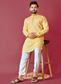Prazu Fashion Yellow Roman Silk Handwork Kurta With Pajama - Distacart