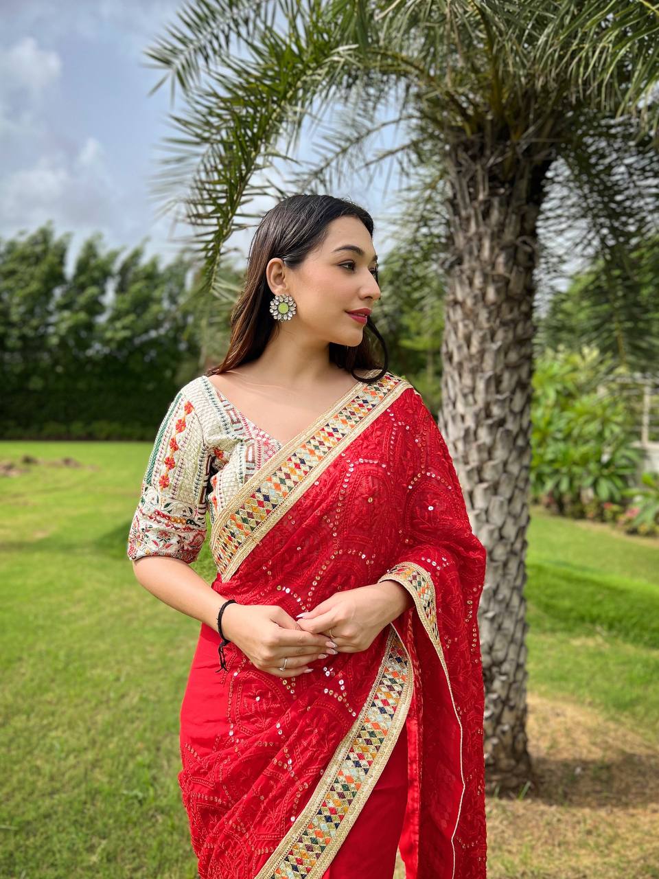 Teeya Creation Red Color Georgette Embroidery Work Saree