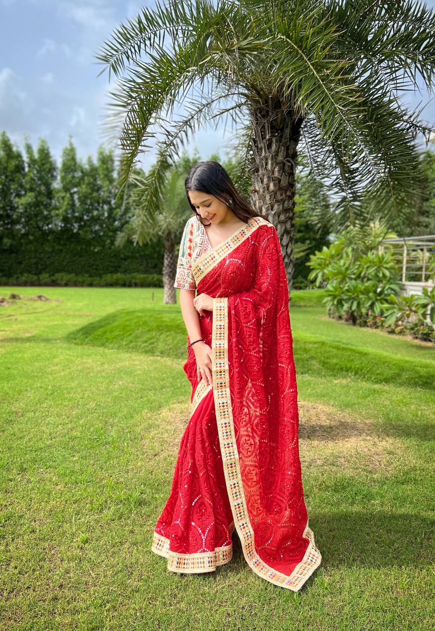 Teeya Creation Red Color Georgette Embroidery Work Saree