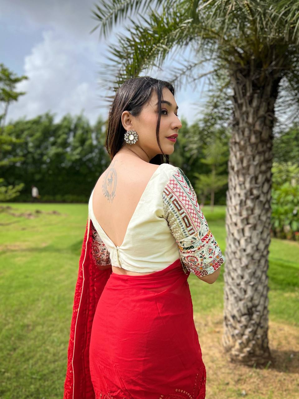 Teeya Creation Red Color Georgette Embroidery Work Saree