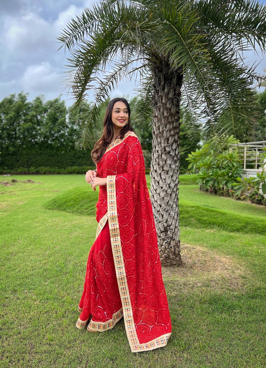 Teeya Creation Red Color Georgette Embroidery Work Saree
