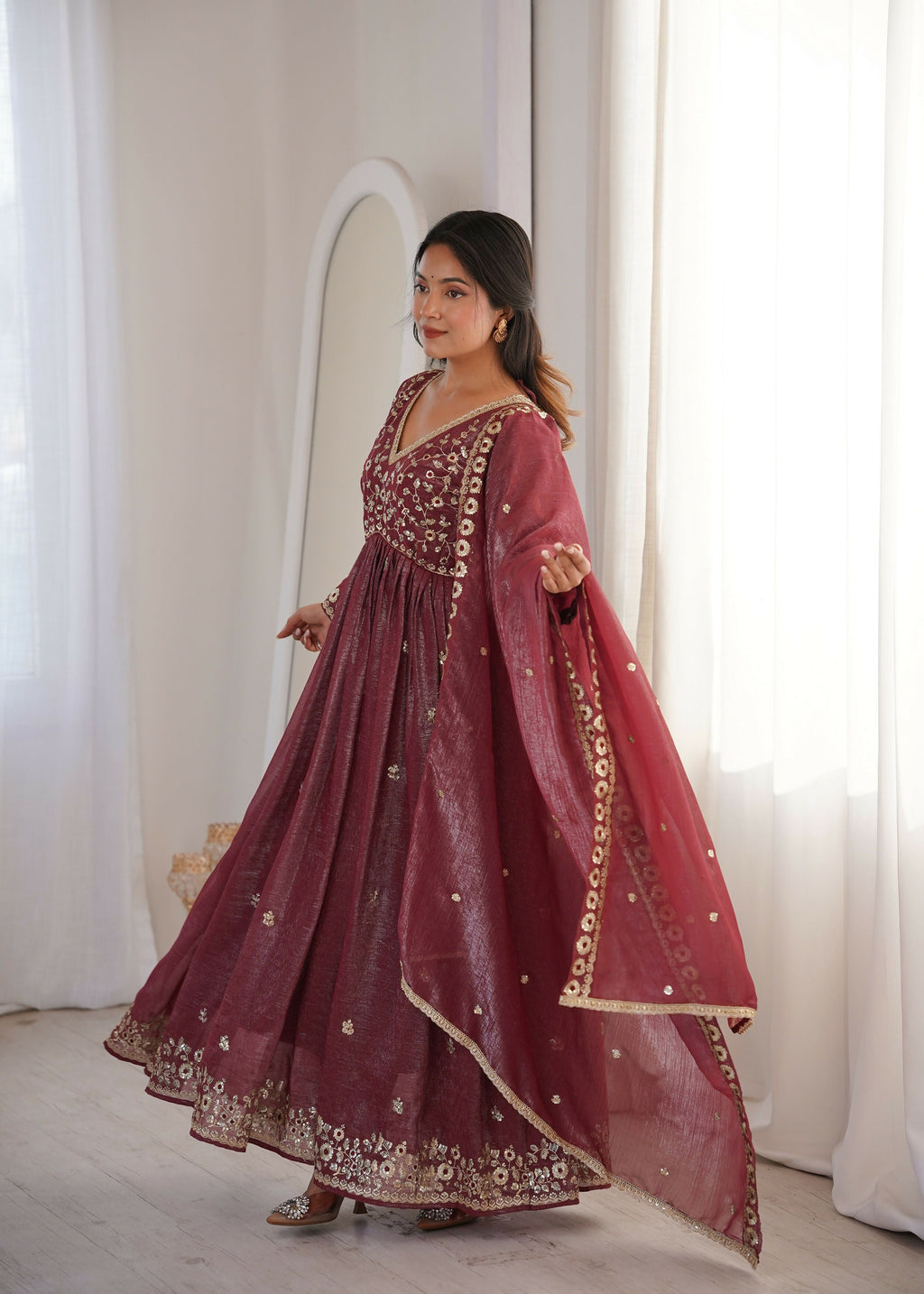 Teeya Creation Brown Crunchy Silk Wedding Wear Embroidery Work Design Gown - Distacart
