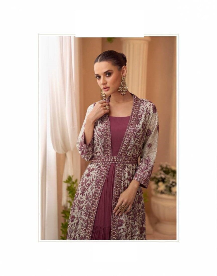 Aarshi Fashions Heavy Silks Purple Long Top With Silk Shrug