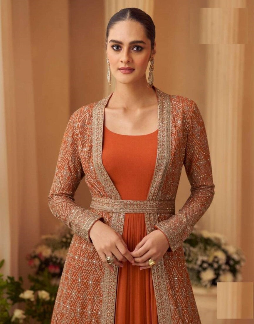 Aarshi Fashions Heavy Silks Orange Long Top With Silk Shrug