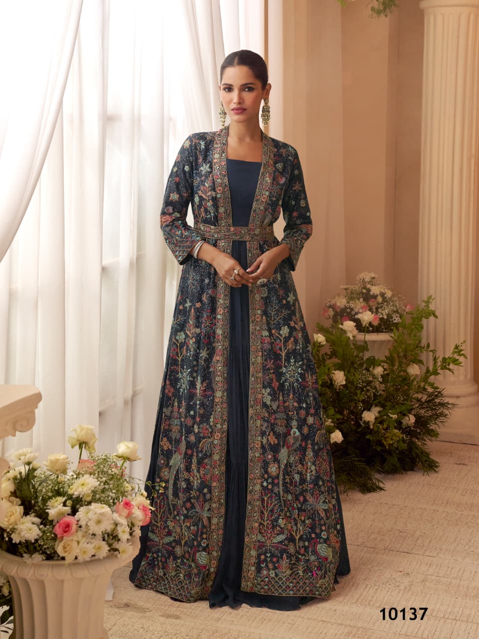 Aarshi Fashions Heavy Silks Teal Long Top With Silk Shrug