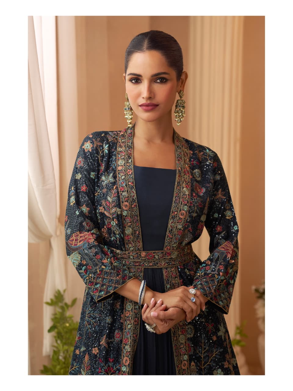 Aarshi Fashions Heavy Silks Teal Long Top With Silk Shrug