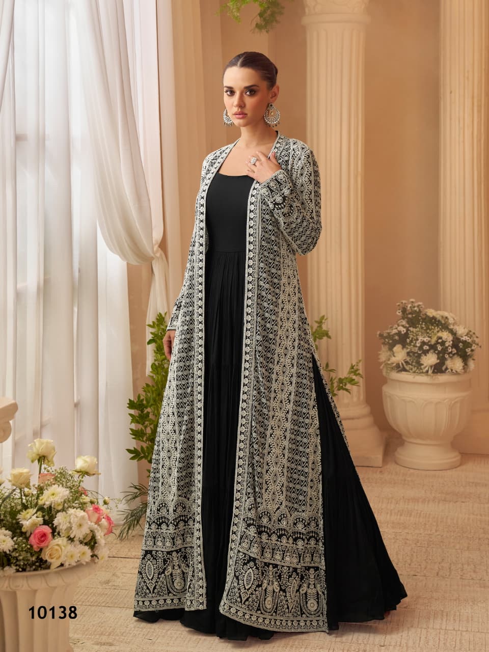 Aarshi Fashions Heavy Silks Black Long Top With Silk Shrug