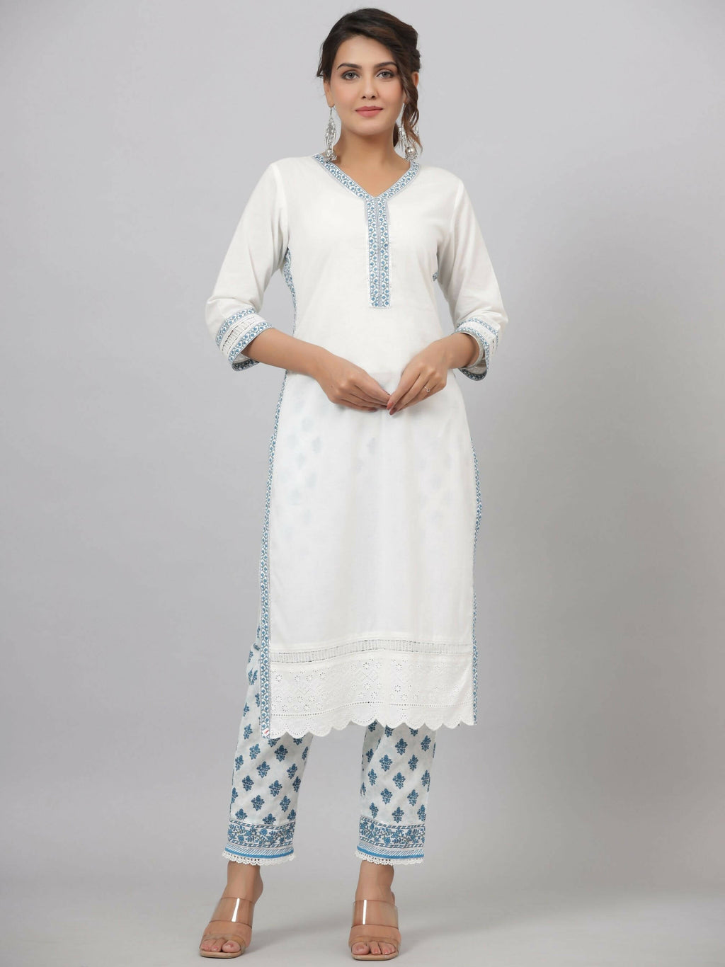 Juniper Women's White Cotton Cambric Solid Kurta Floral Printed Pant & Dupatta Set - Distacart