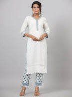 Juniper Women's White Cotton Cambric Solid Kurta Floral Printed Pant & Dupatta Set - Distacart