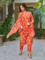 The52 Orange Women's Beautiful Cotton Blend Fabric Printed Work Straight Kurta, Pant and Dupatta Set - Distacart
