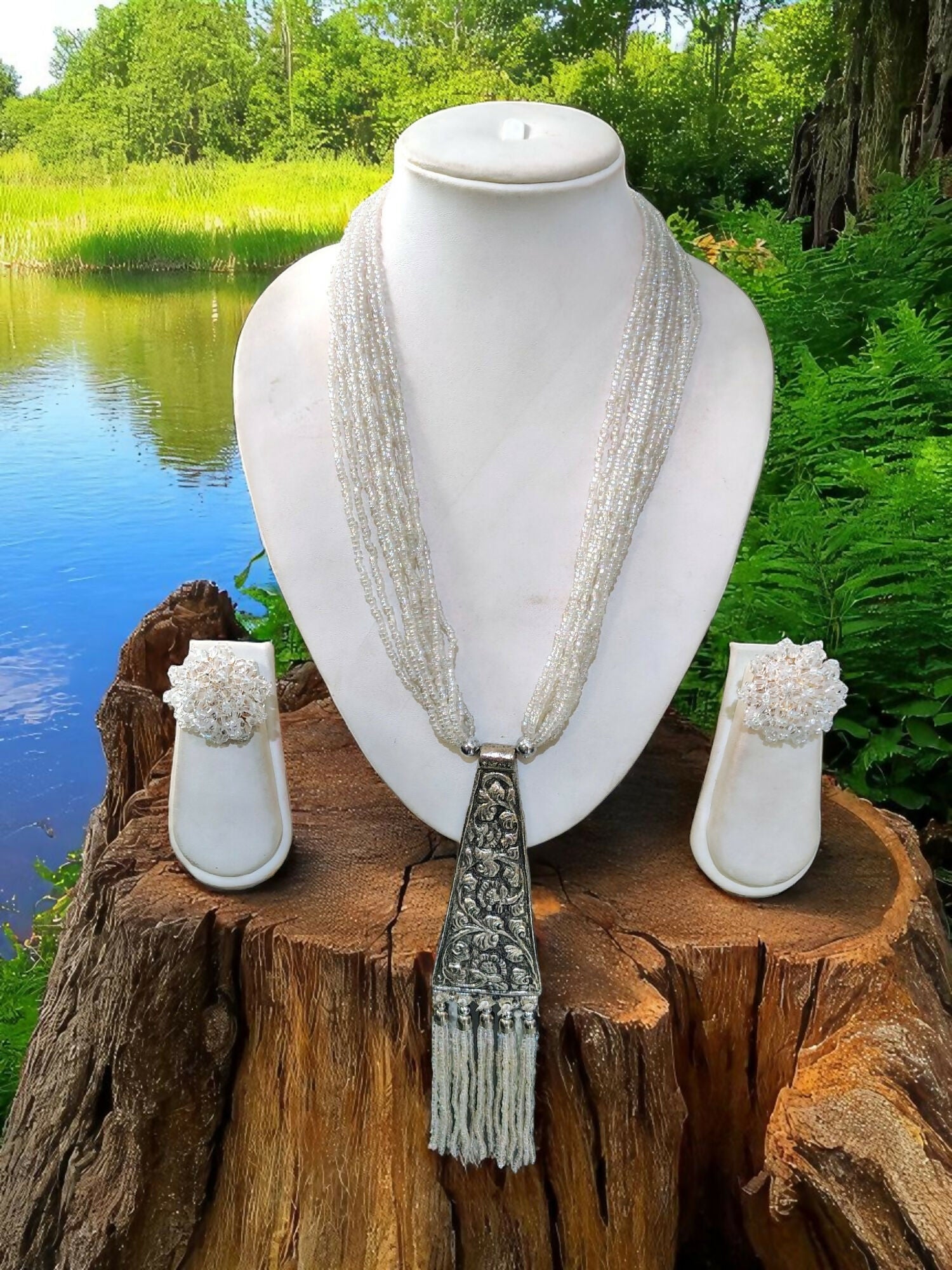 Inhanns Day-To-Dinner Tie Shaped Oxidized Black Metal Multi-Layered Long Necklace Set - White
