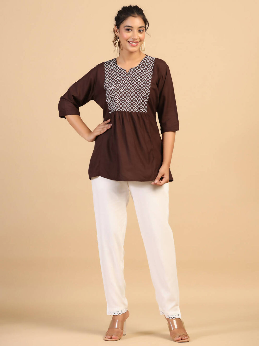 Womens Brown Rayon Yoke Embroidered Top - Keeva