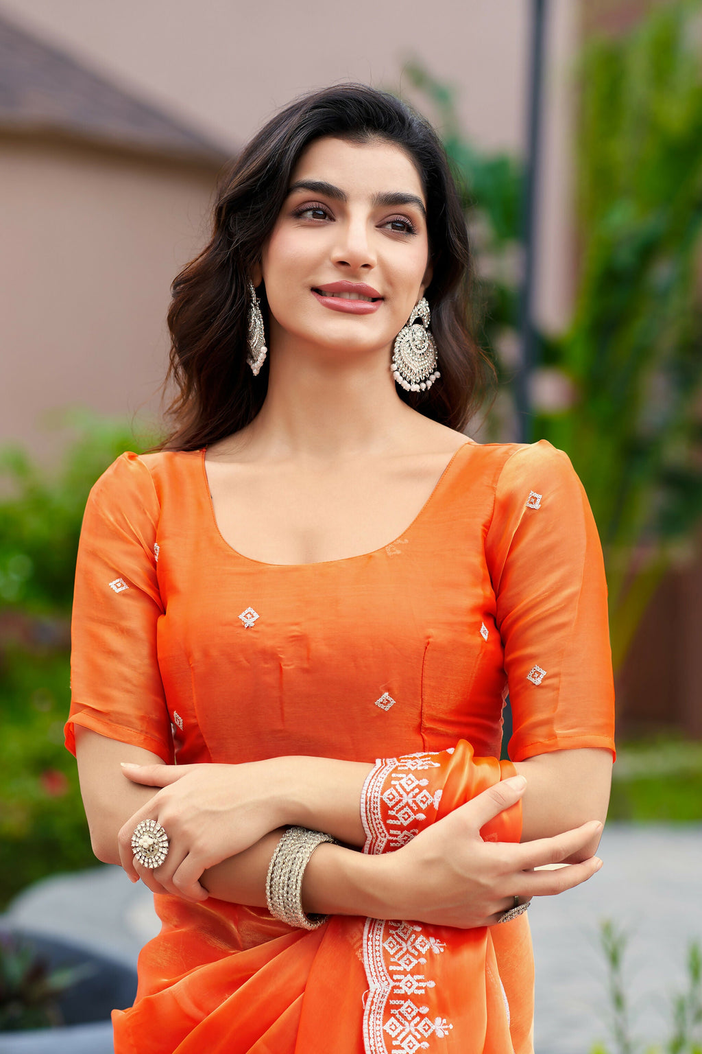 Vastranavya Orange Embroidery Work Shimmer Chiffon Saree with Unstitched Blouse - Distacart