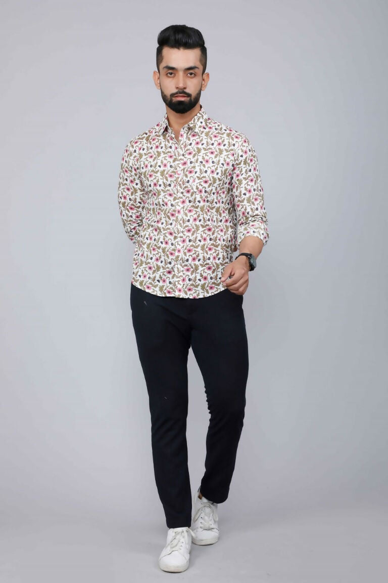 Miravan Men's Cotton Printed Full Sleeve Slim Fit Spread Neck White & Pink Colour Shirt