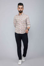 Miravan Men's Cotton Printed Full Sleeve Slim Fit Spread Neck White & Pink Colour Shirt