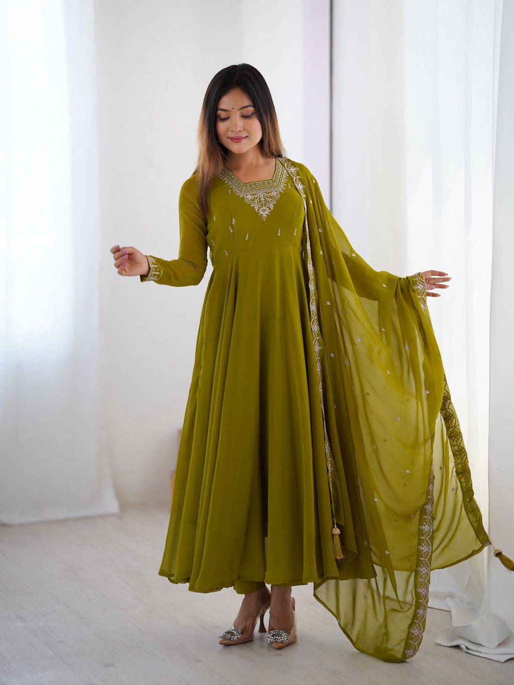 Lehenga Mart Designer Anarkali Suit for Women or Girls - Mahendi Green