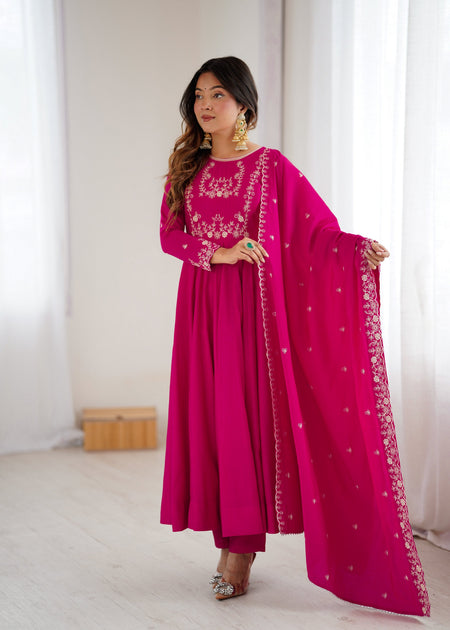 Lehenga Mart Designer Anarkali Suit Ready To Wear Kurta Pant With Dupatta For Women-Dark Pink