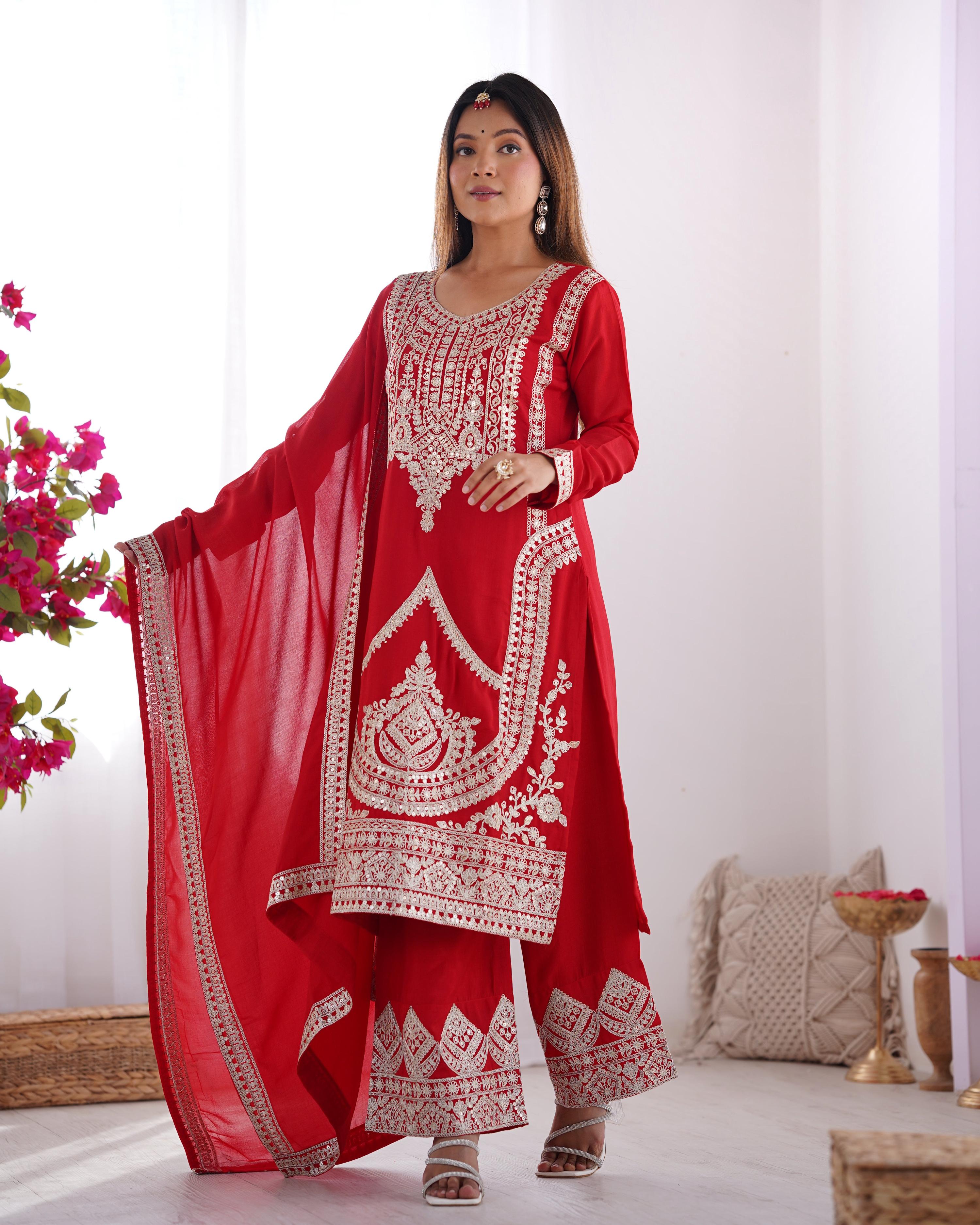 Lehenga Mart Designer Kurta Pant Dupatta - red