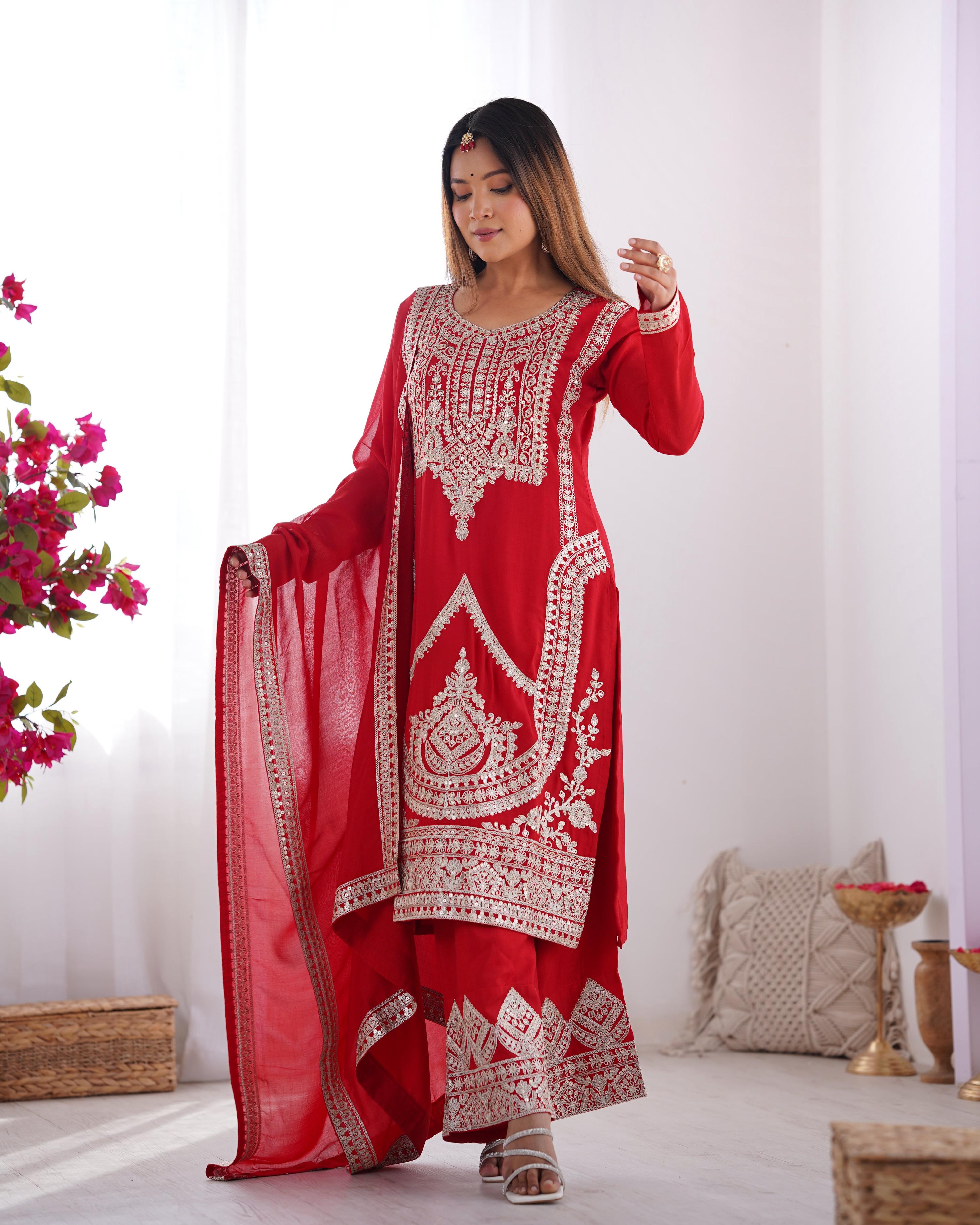 Lehenga Mart Designer Kurta Pant Dupatta - red