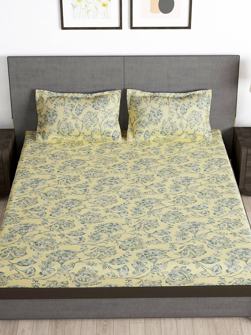 Story@home Cream-Coloured & Grey Floral Microfiber 180 TC Bedsheet & Pillow Cover - Distacart