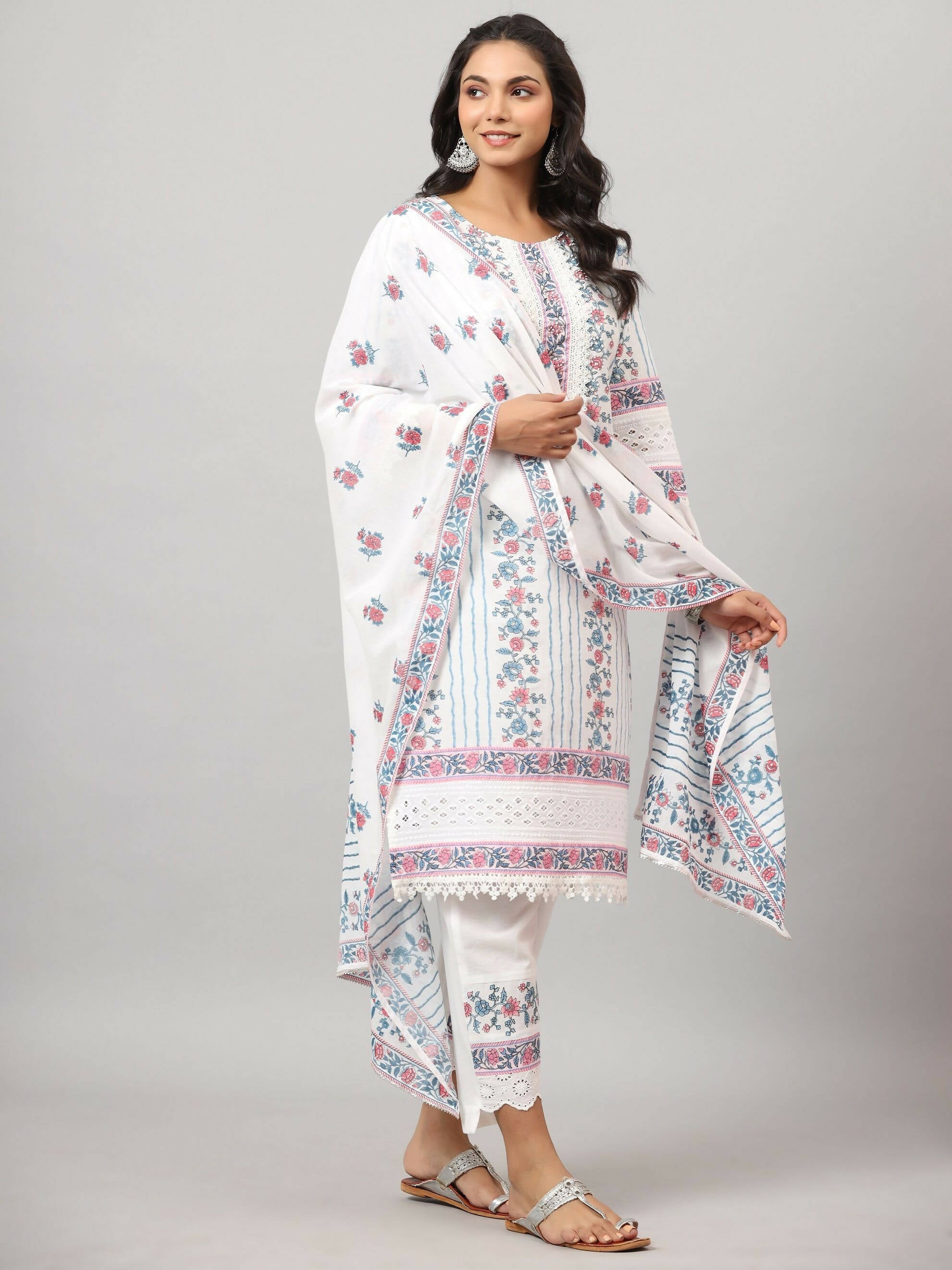 Juniper Women's Off-White Cambric Printed Stright Kurta Sets - Distacart