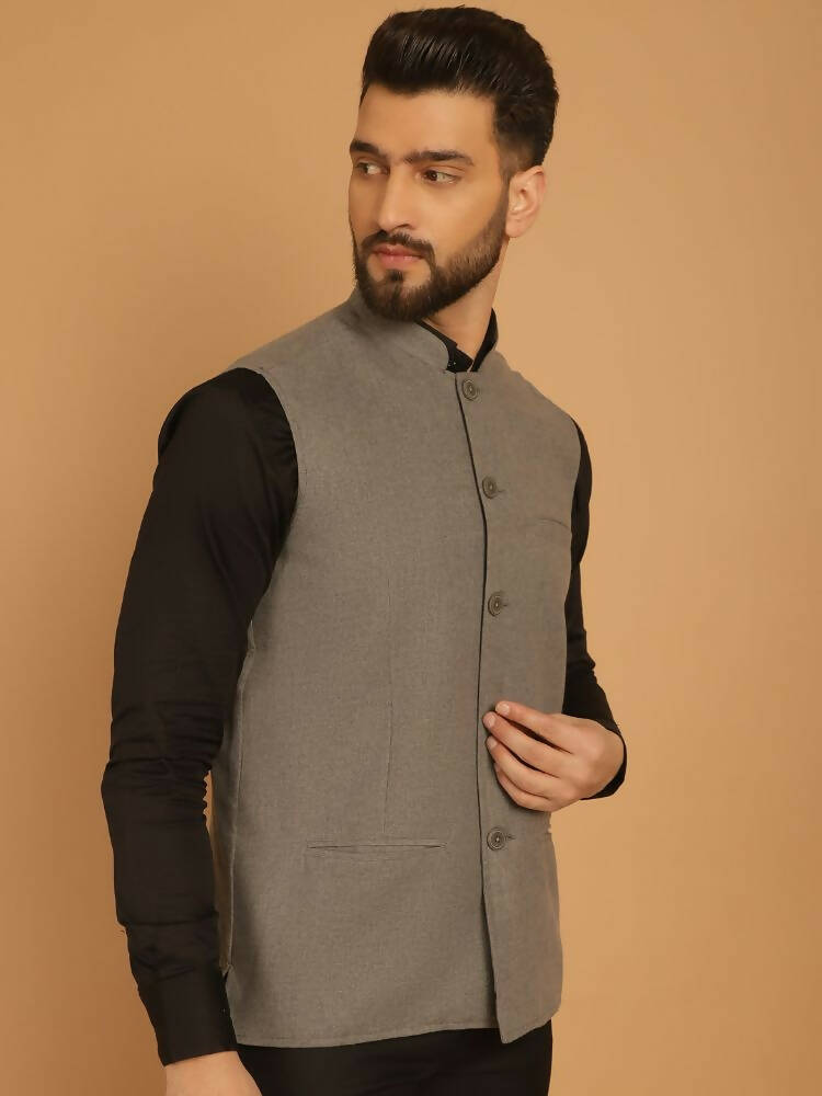 Even Apparels Nehru Jacket With Welt Pockets - Grey