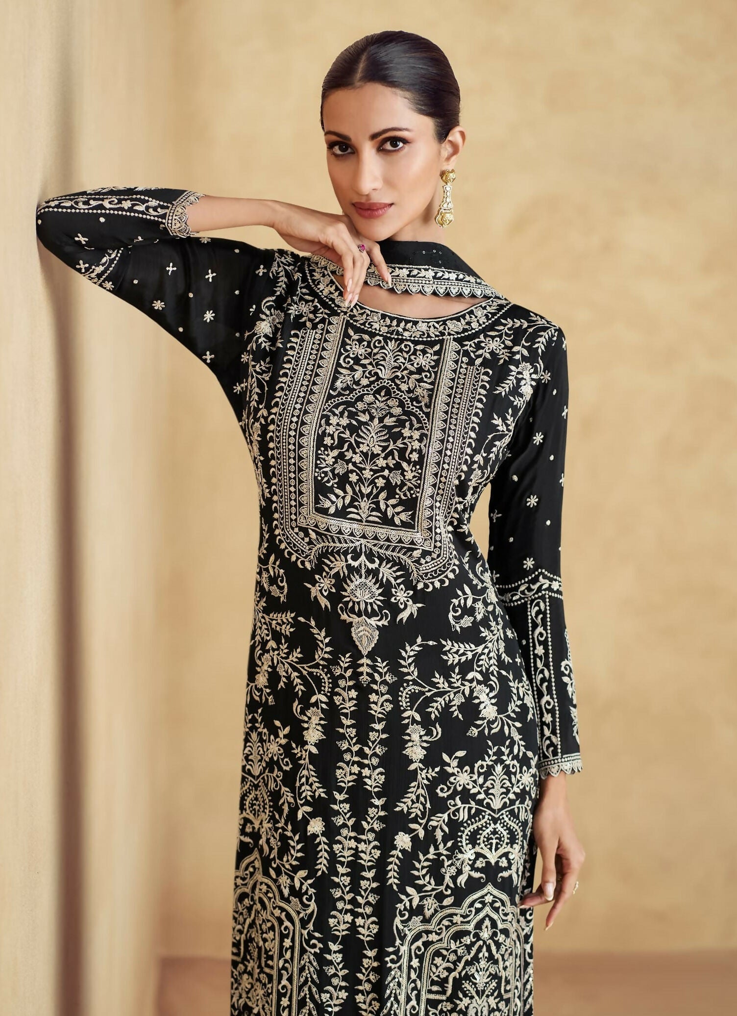 Anaita Black Premium Chinon Embroidered Sequin Work Ready Made Suit - Distacart