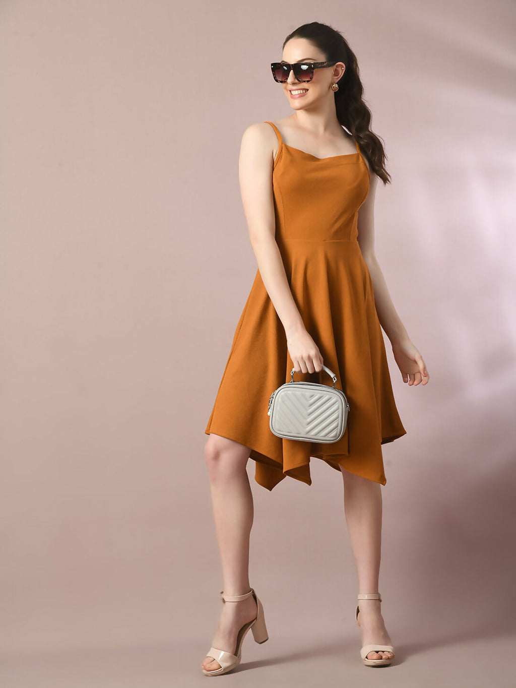 Myshka Women's Mustard Solid Shoulder Straps Fit and Flare Party Dress - Distacart