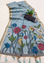 Vastranavya Sky Blue Muga Cotton Meenakari & Azarakh Pallu Saree with Contrast Blouse - Distacart