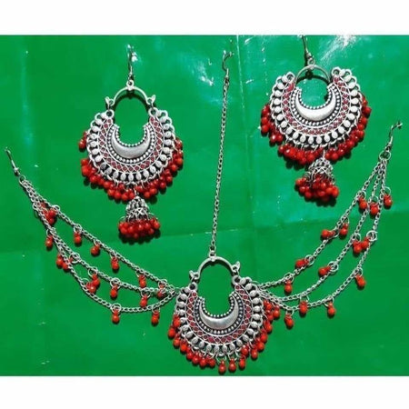 MS Fashion India Latest Design Red Color Maang Tika With Earrings