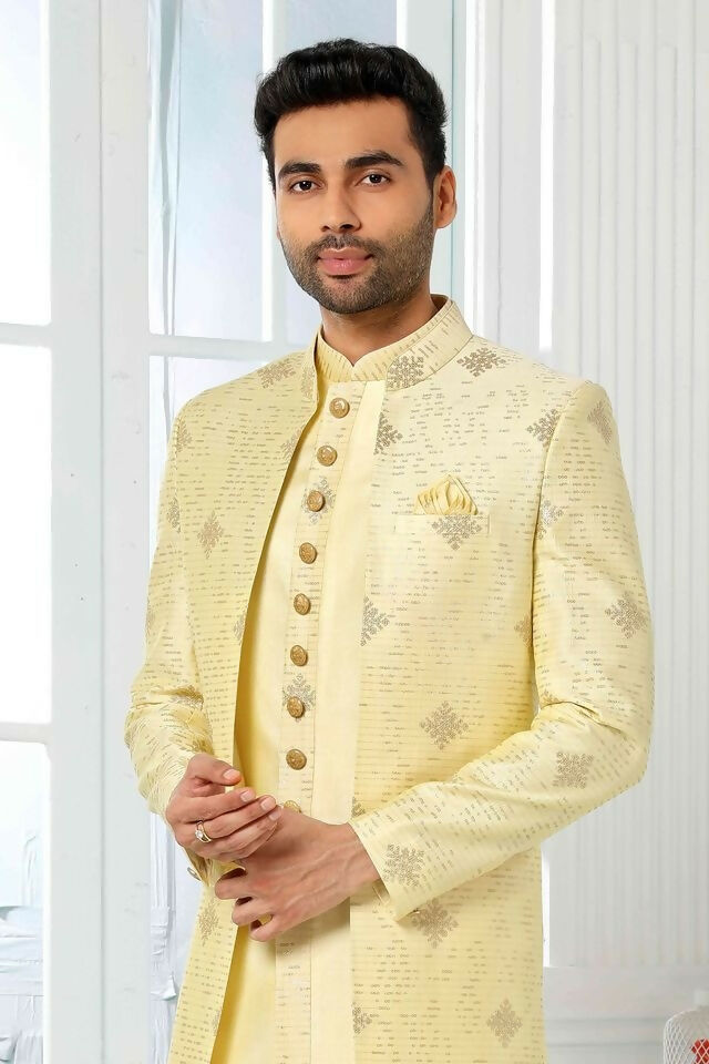 Raivat Ethnic Art Silk Embroidery Work 3 Pcs Indo Jacket Set In Yellow Colour