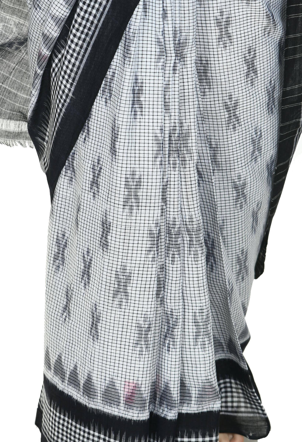 Vamika Sambalpuri Ikat Cotton Dehabandha White & Black Checks Saree - Distacart