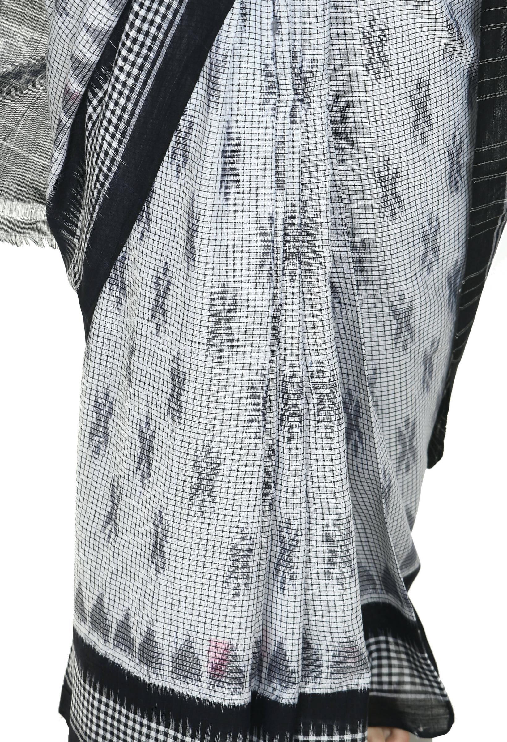 Vamika Sambalpuri Ikat Cotton Dehabandha White & Black Checks Saree - Distacart