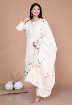 Miravan Women's Cream Hand Block Cotton Pakistani Kurta Palazzo With Dupatta Set