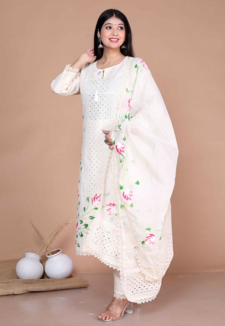 Miravan Women's Cream Hand Block Cotton Pakistani Kurta Palazzo With Dupatta Set