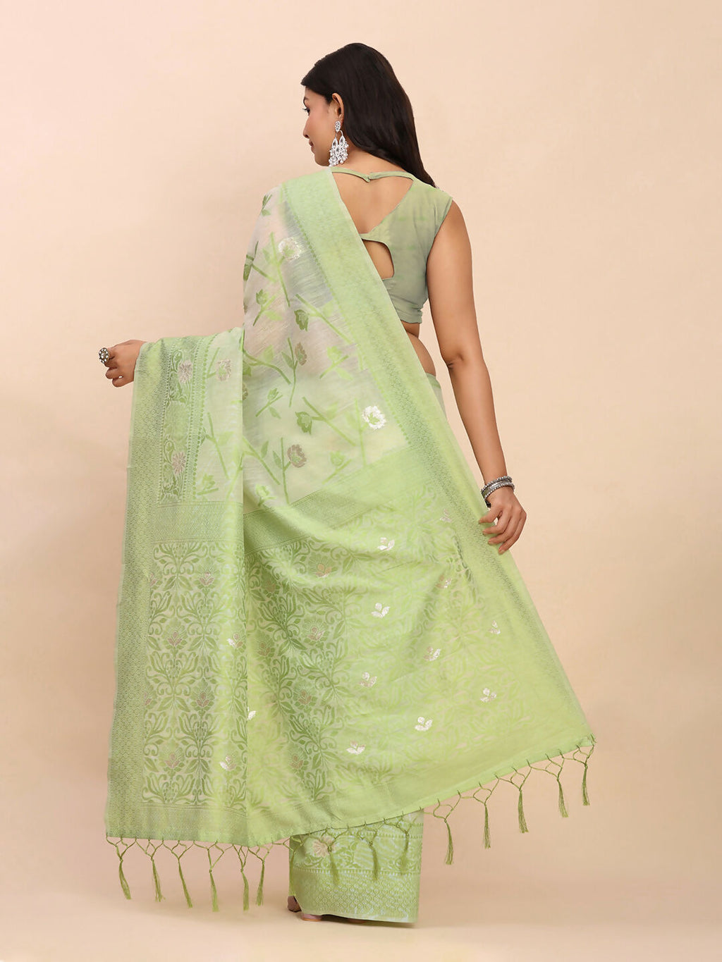 Shree Shyam Fashion Linen Cotton Light Green Saree - Distacart