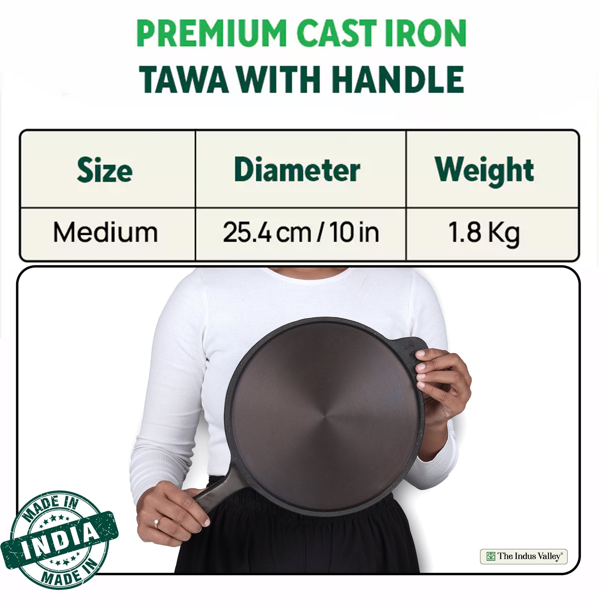 The Indus Valley Super Smooth Cast Iron Tawa, Long Handle,Pre-seasoned, Nonstick, 100% Pure, Toxin-free, Induction,Spatula, 25.4cm, 1.8kg - Distacart