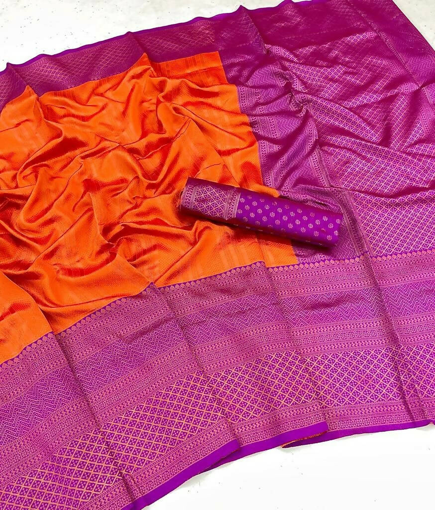 DEIANA'S Beautiful Designer Golden zari Soft Lichi Silk Saree - Orange