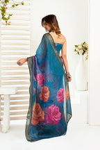 Vastranavya Teal Digital Printed Linen Ready To Wear Designer Saree with Unstitched Blouse - Distacart