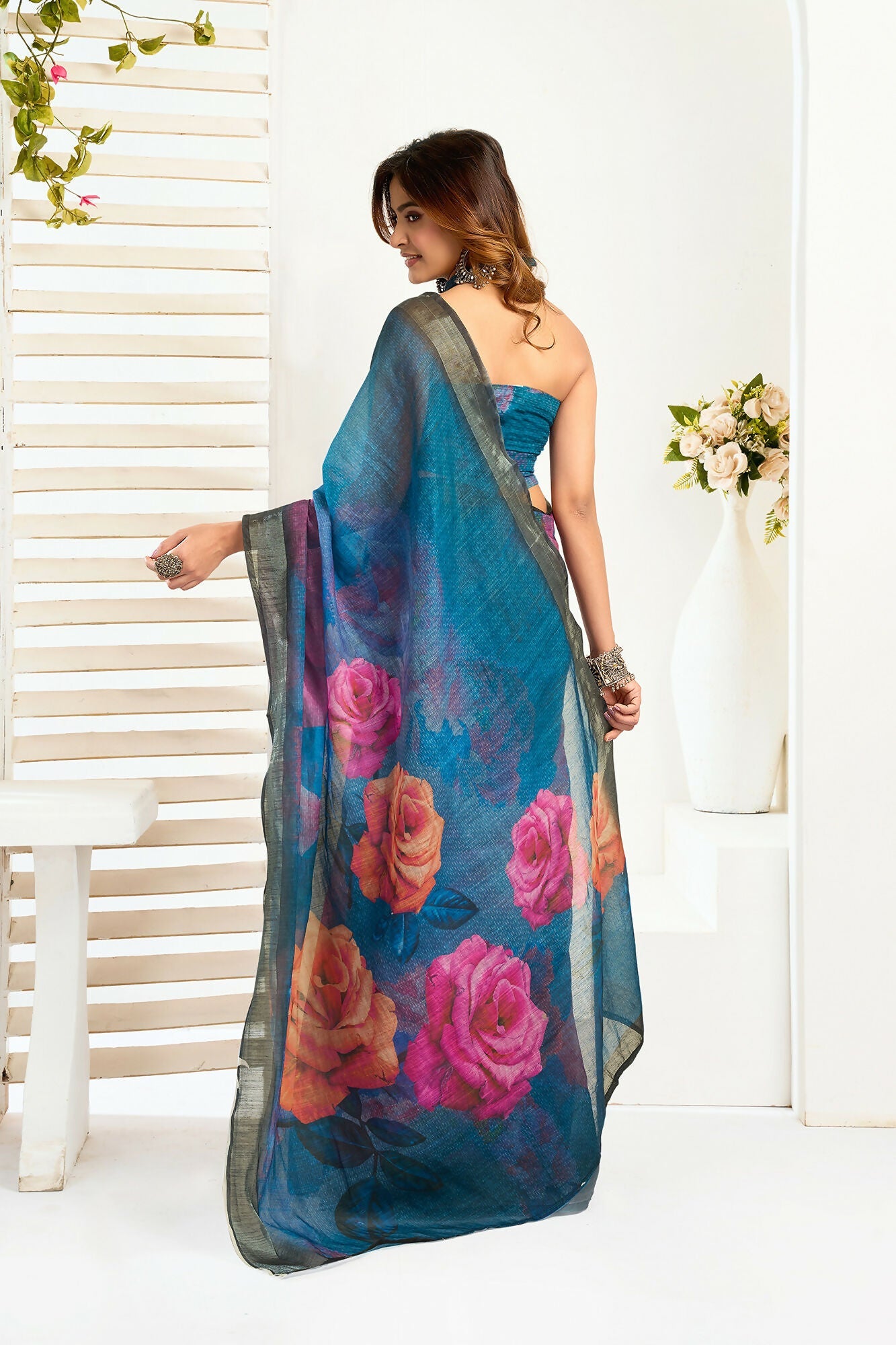 Vastranavya Teal Digital Printed Linen Ready To Wear Designer Saree with Unstitched Blouse - Distacart