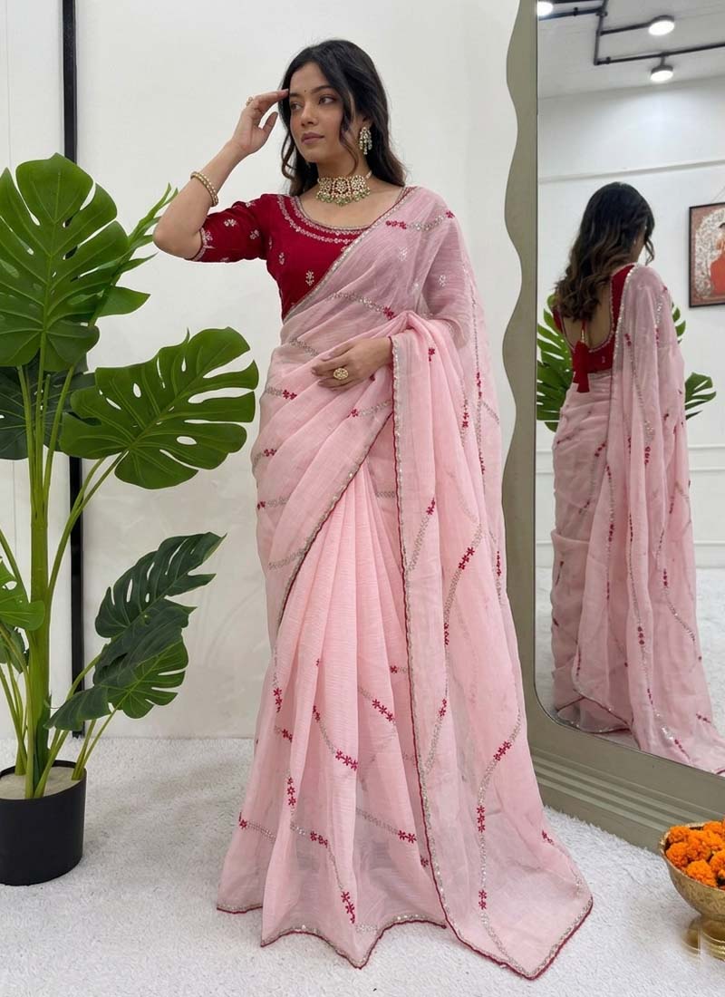 Prazu Fashion Baby Pink Thread Sequence Crunchy Silk Party Wear Saree - Distacart