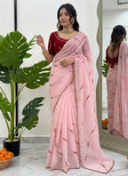 Prazu Fashion Baby Pink Thread Sequence Crunchy Silk Party Wear Saree - Distacart