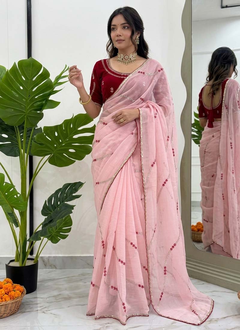 Prazu Fashion Baby Pink Thread Sequence Crunchy Silk Party Wear Saree - Distacart