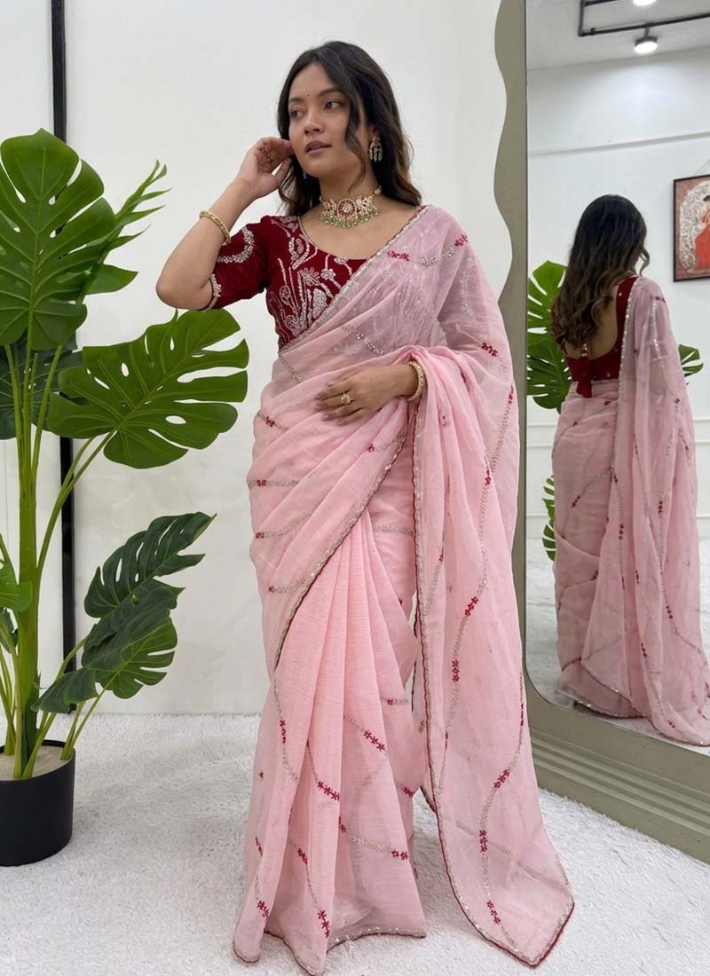 Prazu Fashion Baby Pink Thread Sequence Crunchy Silk Party Wear Saree - Distacart