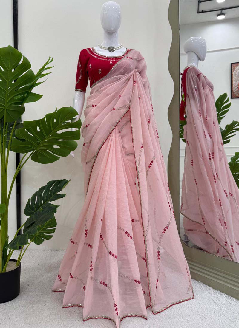 Prazu Fashion Baby Pink Thread Sequence Crunchy Silk Party Wear Saree - Distacart
