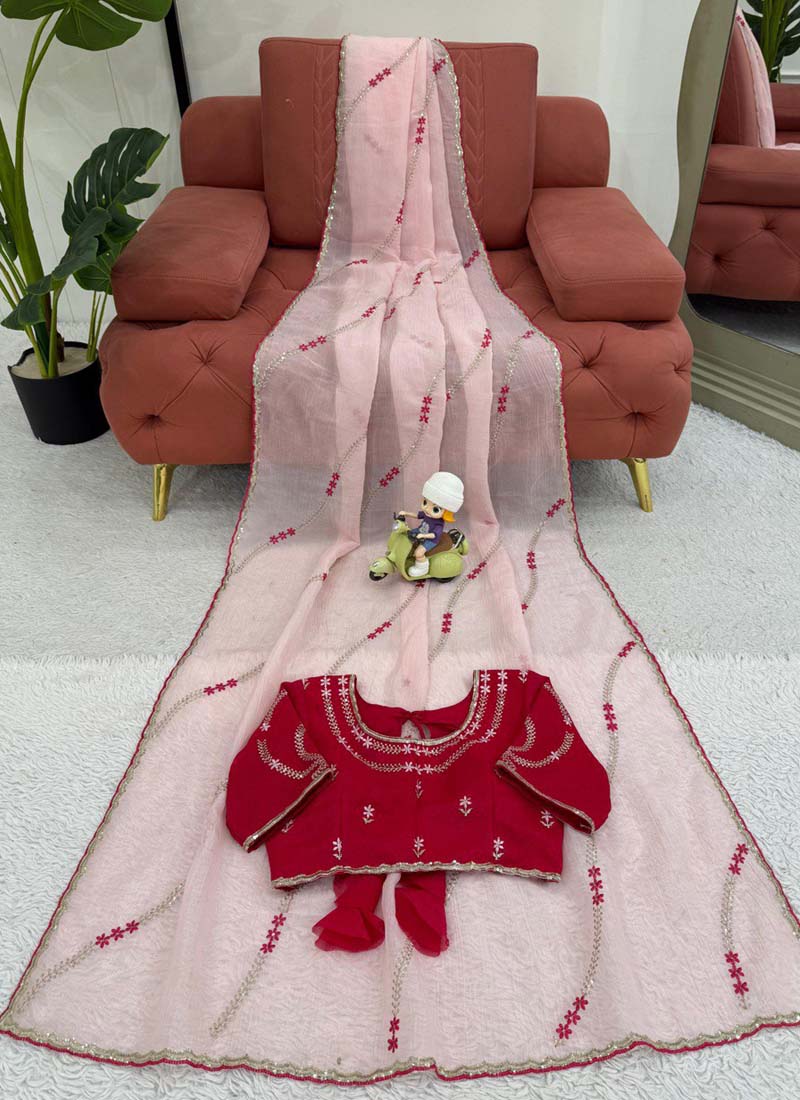 Prazu Fashion Baby Pink Thread Sequence Crunchy Silk Party Wear Saree - Distacart