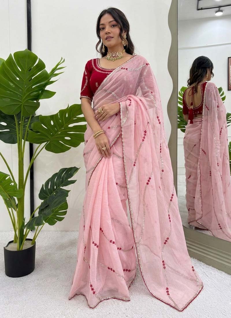 Prazu Fashion Baby Pink Thread Sequence Crunchy Silk Party Wear Saree - Distacart