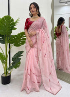 Prazu Fashion Baby Pink Thread Sequence Crunchy Silk Party Wear Saree - Distacart