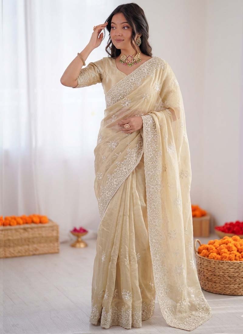 Prazu Fashion Cream Thread Work Organza Silk Party Wear Saree - Distacart