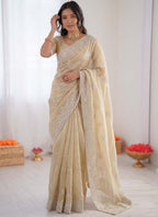 Prazu Fashion Cream Thread Work Organza Silk Party Wear Saree - Distacart